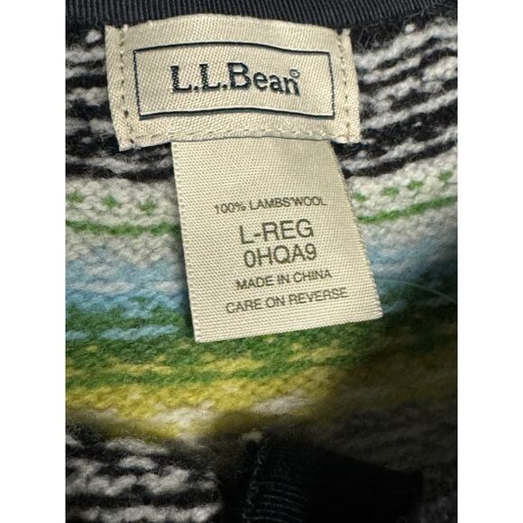 LL Bean Lamb Wool Cardigan Sweater Women's L-Reg Button Up Black Green Fair Isle - Picture 2 of 9